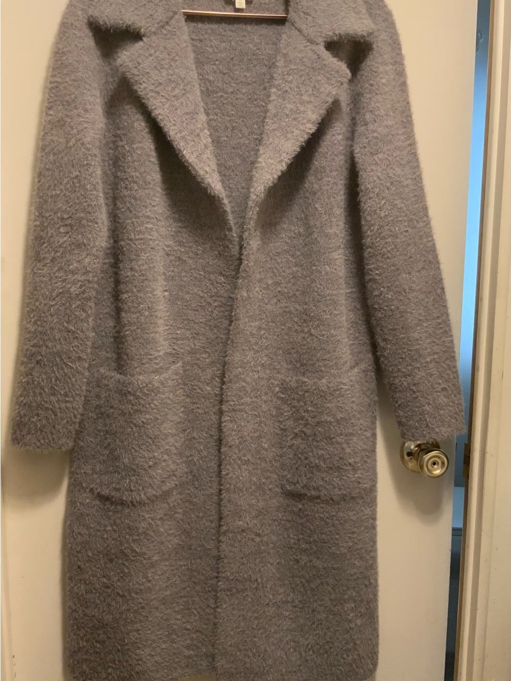 Cyrus Long Open-Front Fuzzy Coat in Gray